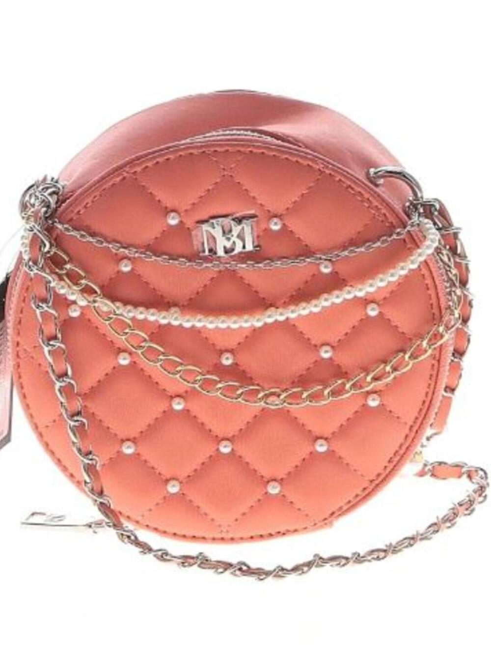 Badgley Mischka Orange Quilted Round Crossbody Bag with Chain and Pearl Detail
